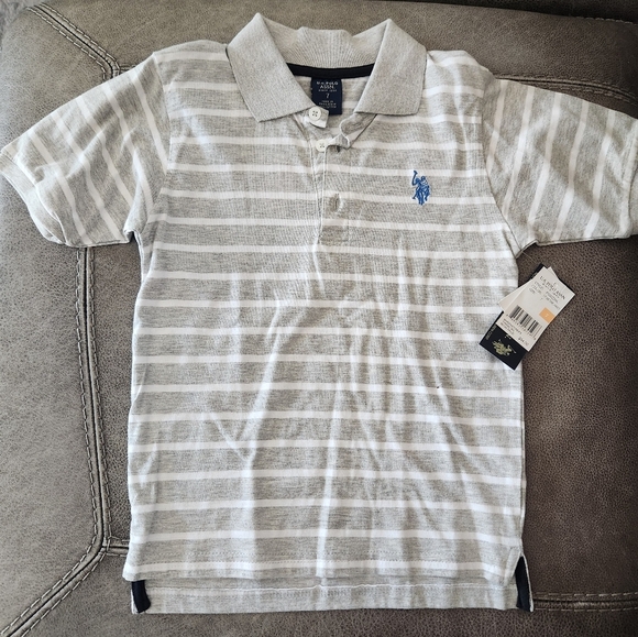 U.S. POLO Association Size 7 Polo Boys‎ Gray White Stripe NWT - Picture 1 of 4